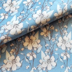 Kwiatuszki na niebieskim tle- welur tapicerski